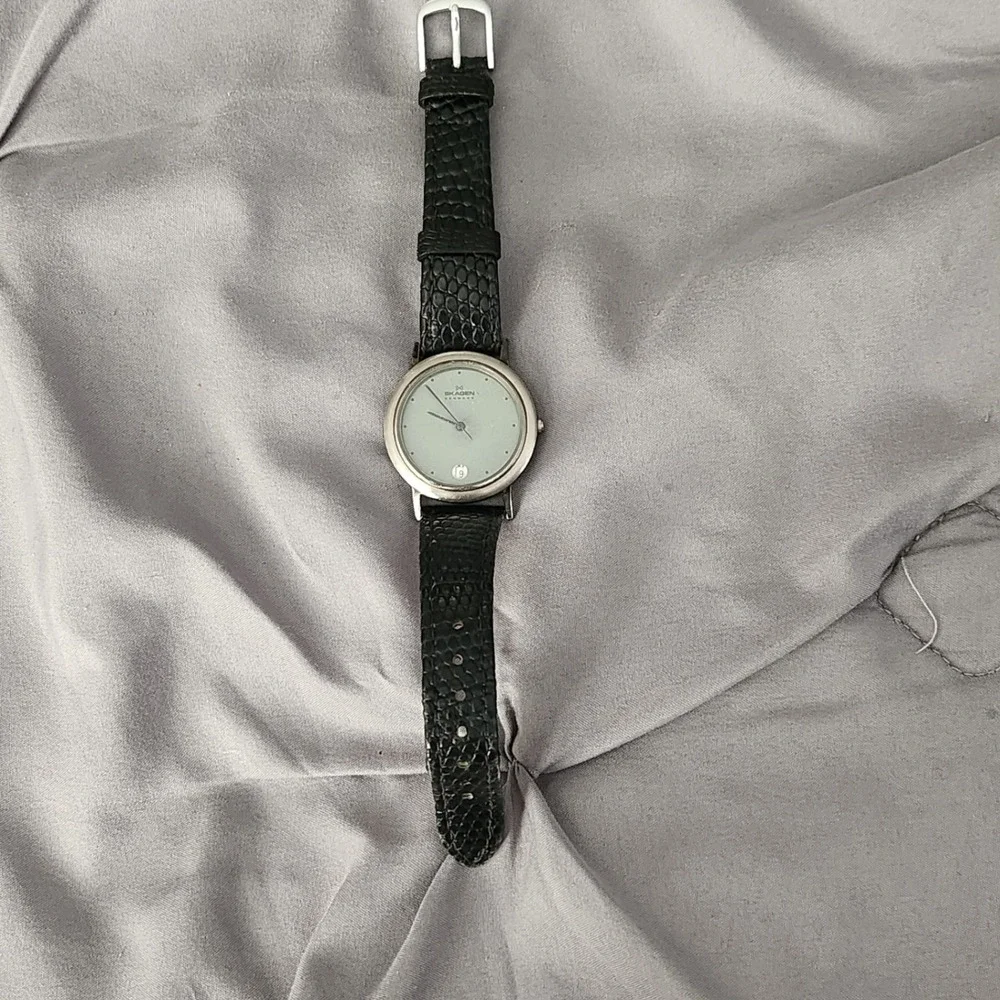 Skagen Denmark Men Watch Silver Tone Blue Dial Date Black Leather Strap 105LSLB